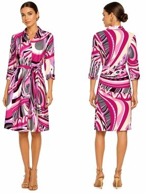 Morrell Maxie Shirt Dress Pink Purple Mod Swirl Print Belted Stretch Cotton 8